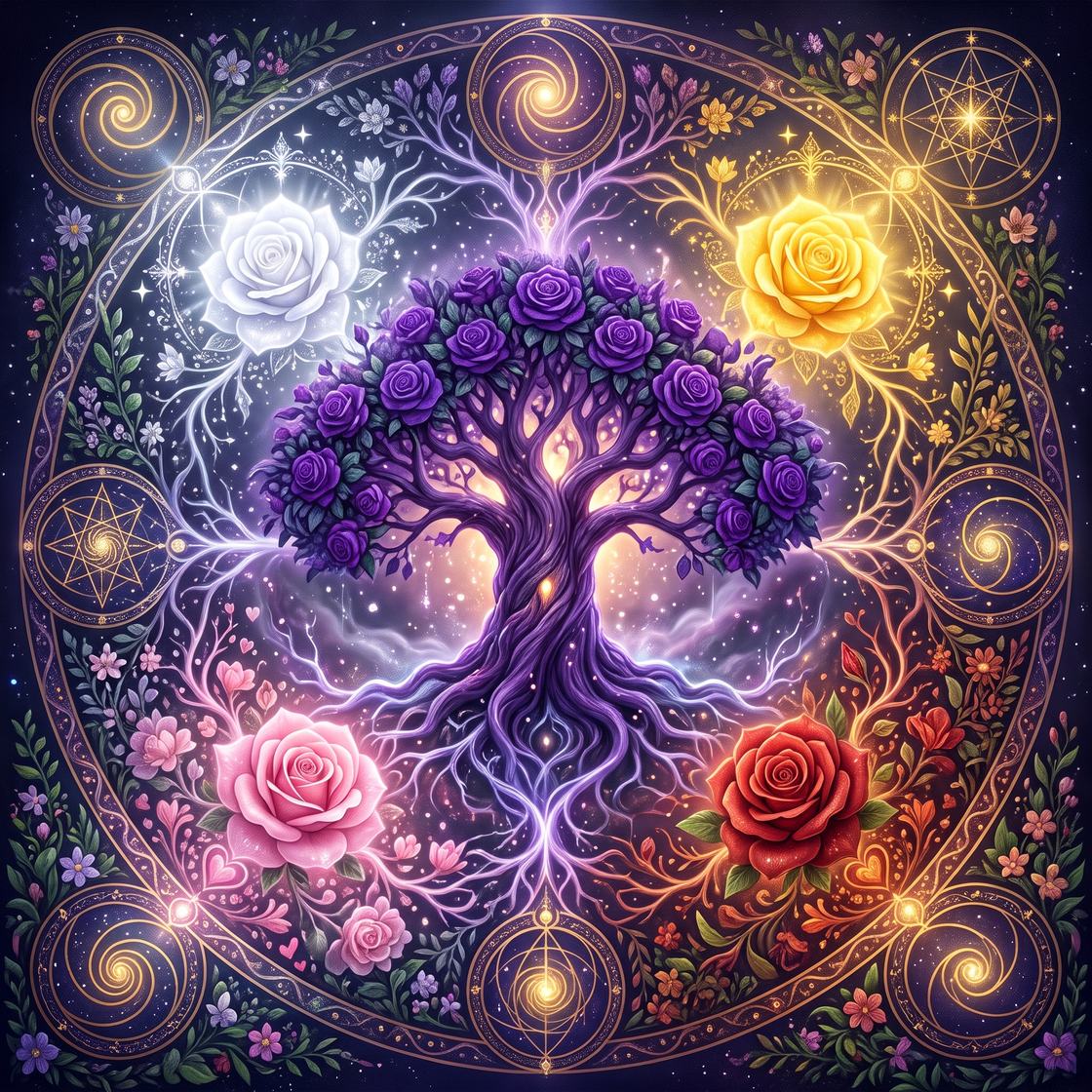 A Mandala Ancestral da Vida: a árvore violeta ao centro, com a rosa branca, a amarela, a cor-de-rosa e a vermelha nos quadrantes