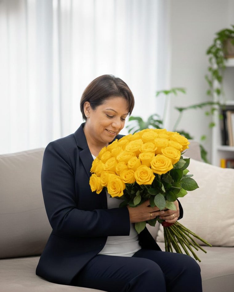 Roseli Santos com um buquê de rosas amarelas