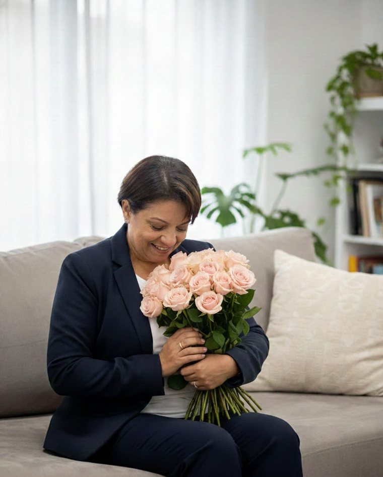 Roseli Santos com um buquê de rosas cor-de-rosa